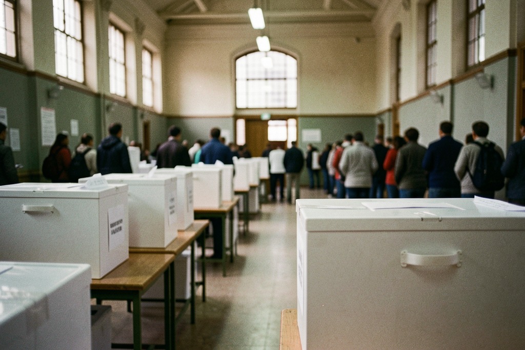 Polling place with ballot boxes and voters seen from behind