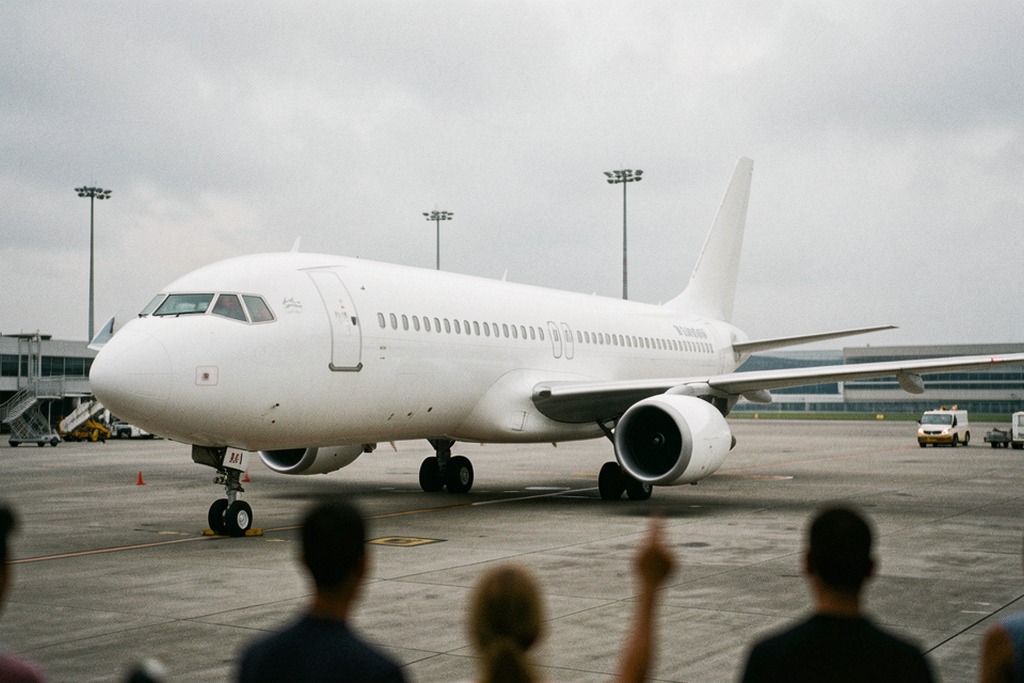 Unmarked aircraft parked at an airport terminal in Buenos Aires