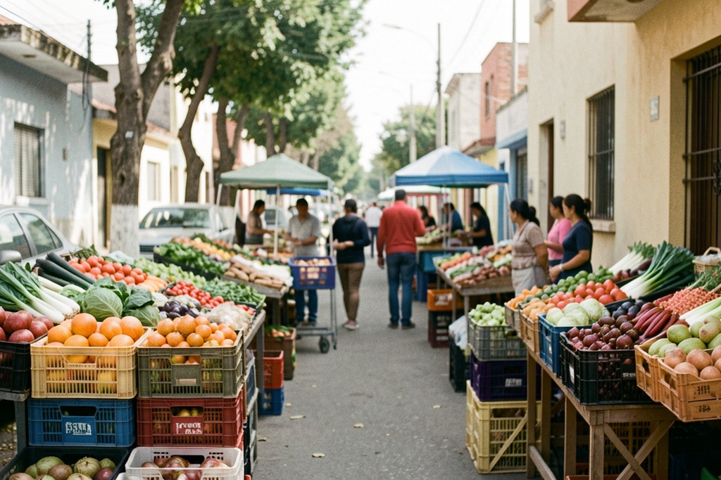 Produce crates and shoppers seen from behind in a neighbourhood market