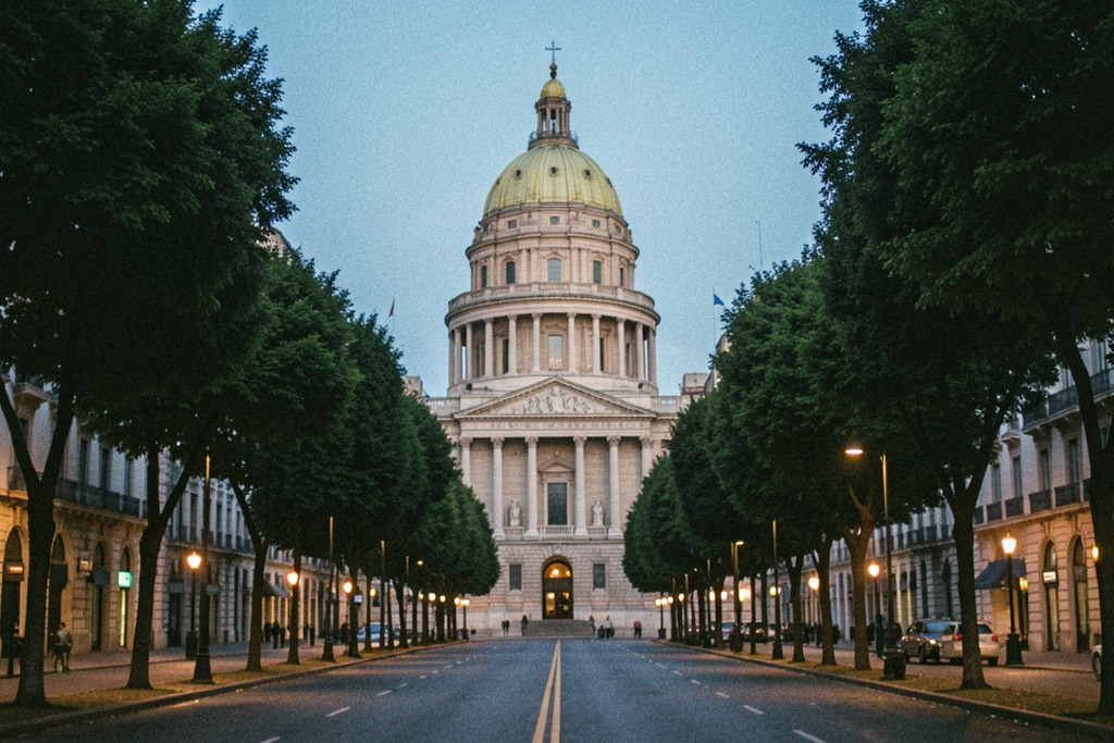 Argentine Congress dome over a quiet Buenos Aires avenue