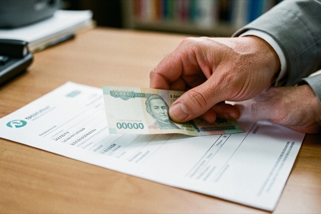 Banknotes placed beside an unmarked deposit slip
