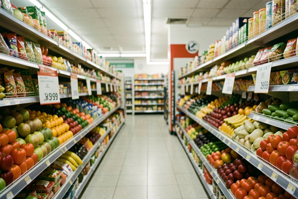 Produce shelves and blank price holders in a supermarket