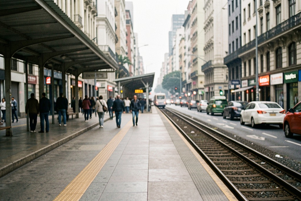 Empty railway platform beside a busy street on an overcast morning