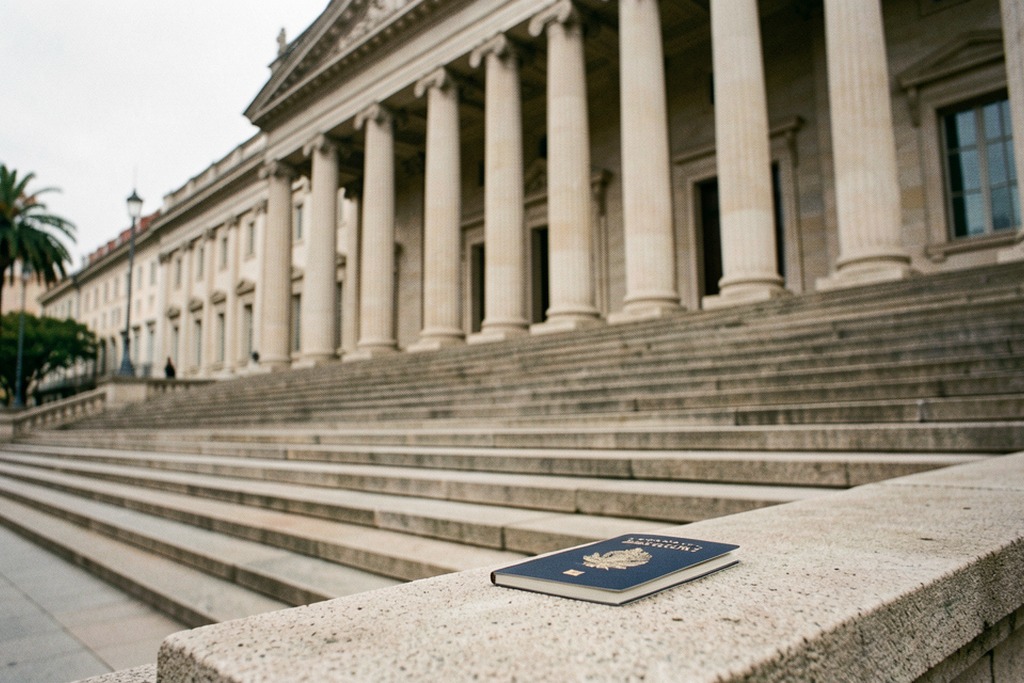 A closed passport on a stone ledge beside the steps of a columned courthouse