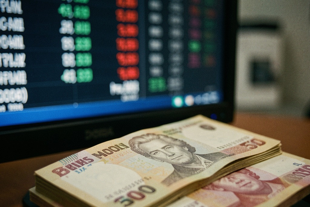 Peso banknotes in front of an indistinct market screen
