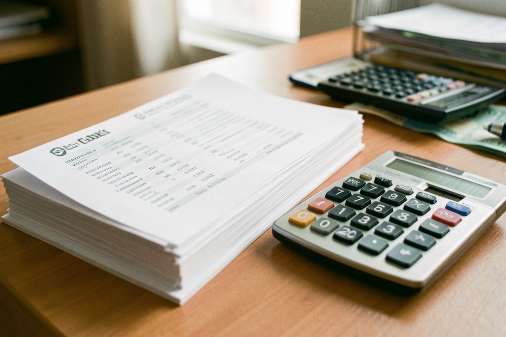 Calculator and peso notes on an office desk