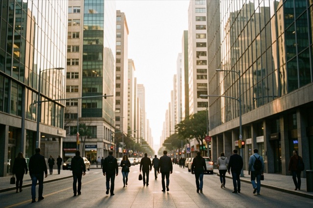 Commuters and buildings in Buenos Aires's financial district