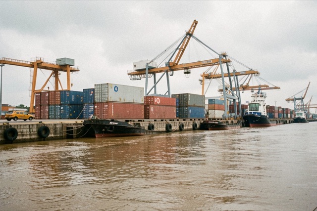 Grain port cranes and shipping containers in Argentina