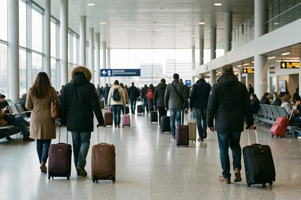 Travelers with luggage at an airport in Buenos Aires
