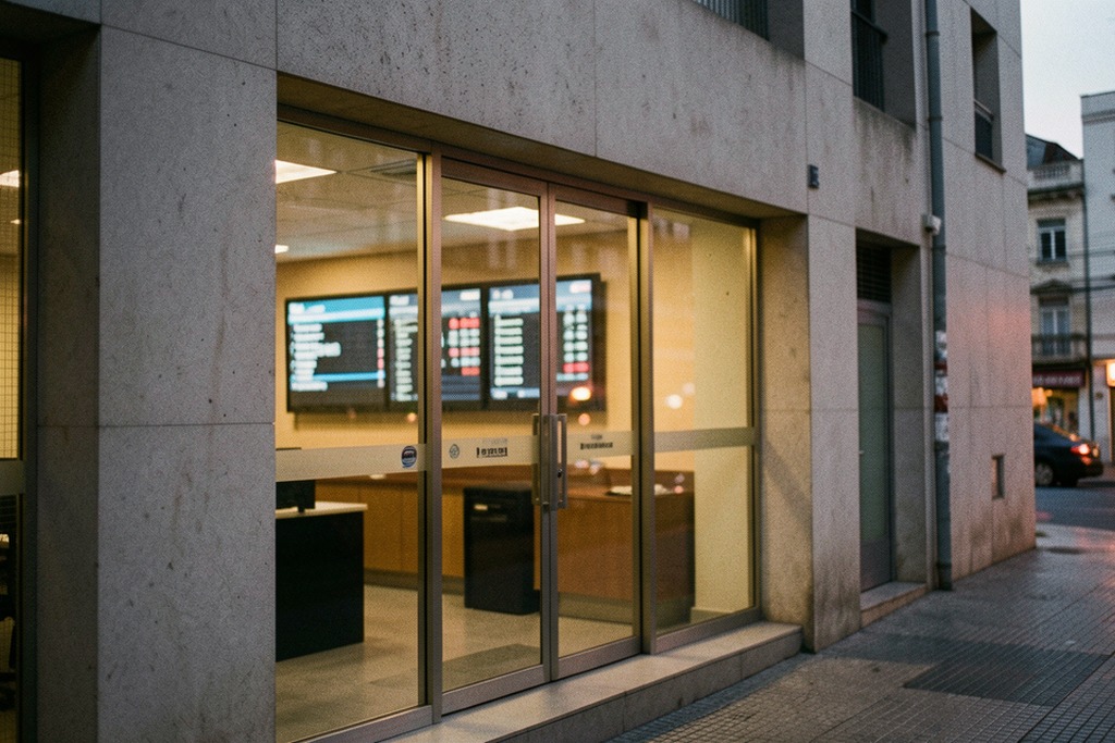 Bank building in Buenos Aires at dusk with blurred screens inside