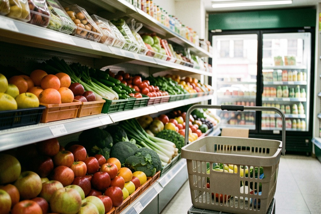 Produce shelves and a shopping basket inside a food shop