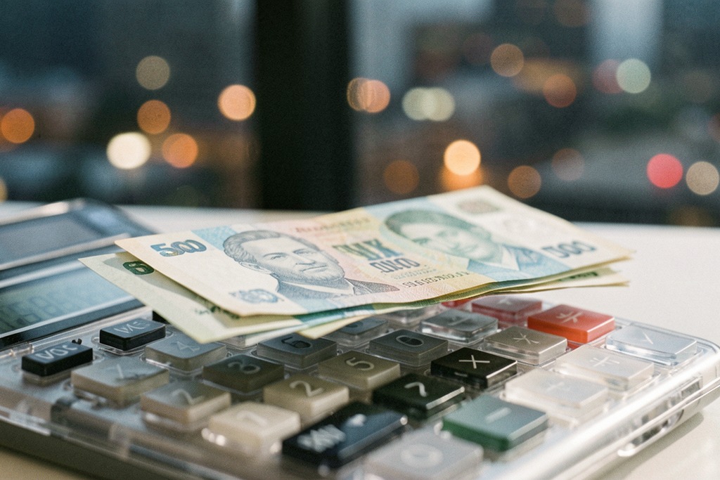 Peso banknotes and calculator under reflections of city lights