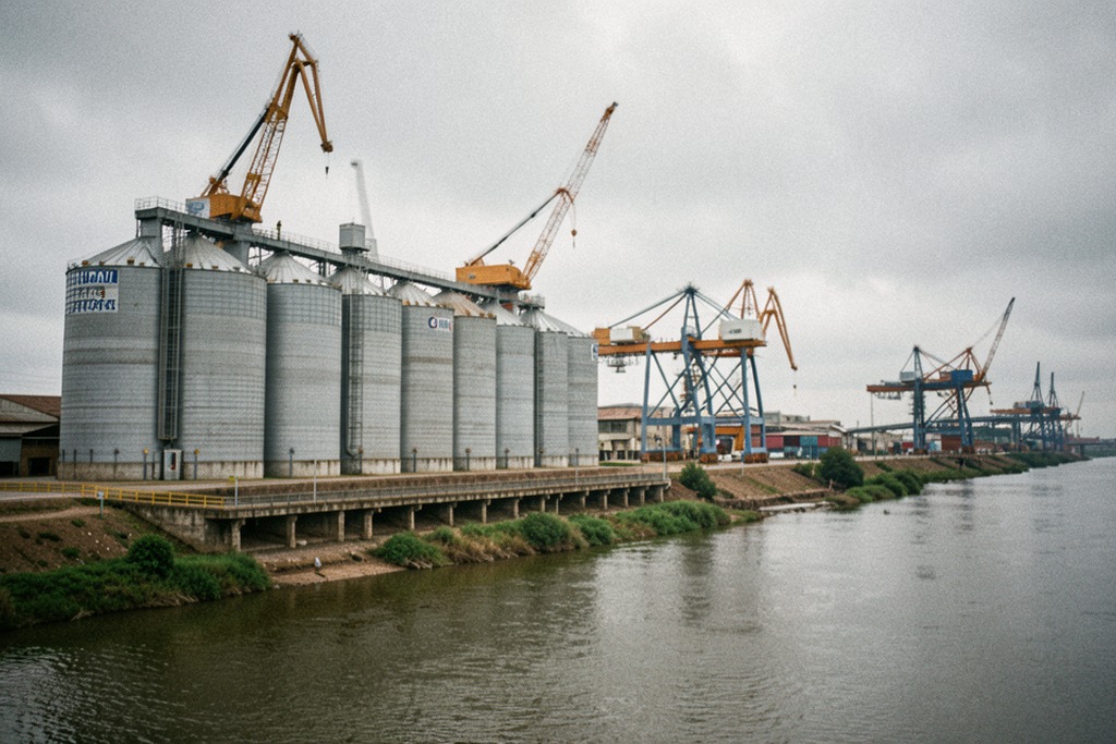 Grain silos and export cranes by an Argentine river