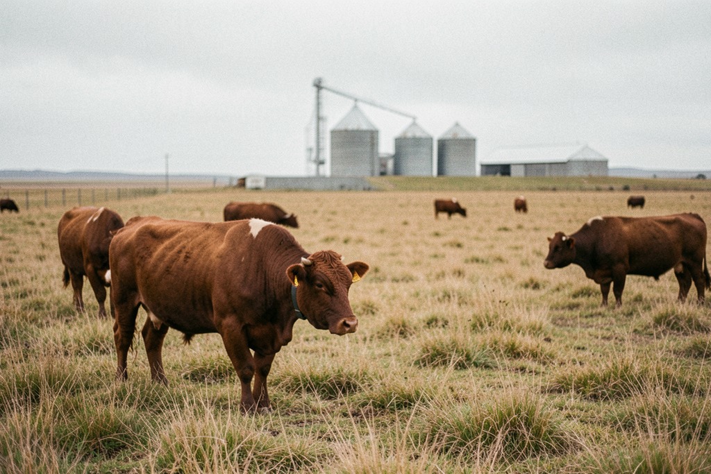 Cattle grazing in the Pampas near grain silos