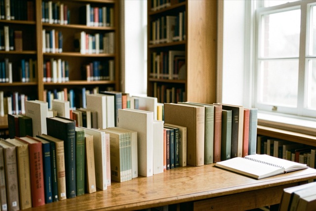 A notebook and unmarked books on a university library desk