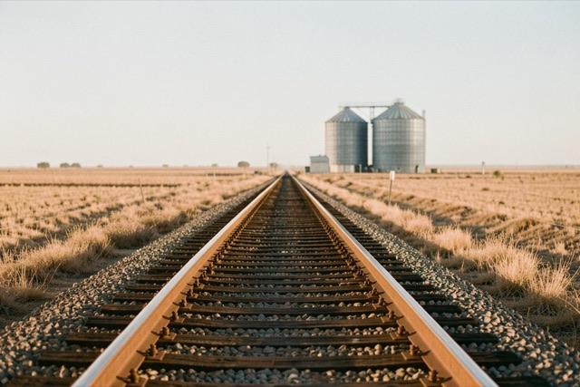 Freight railway crossing farmland toward a grain silo