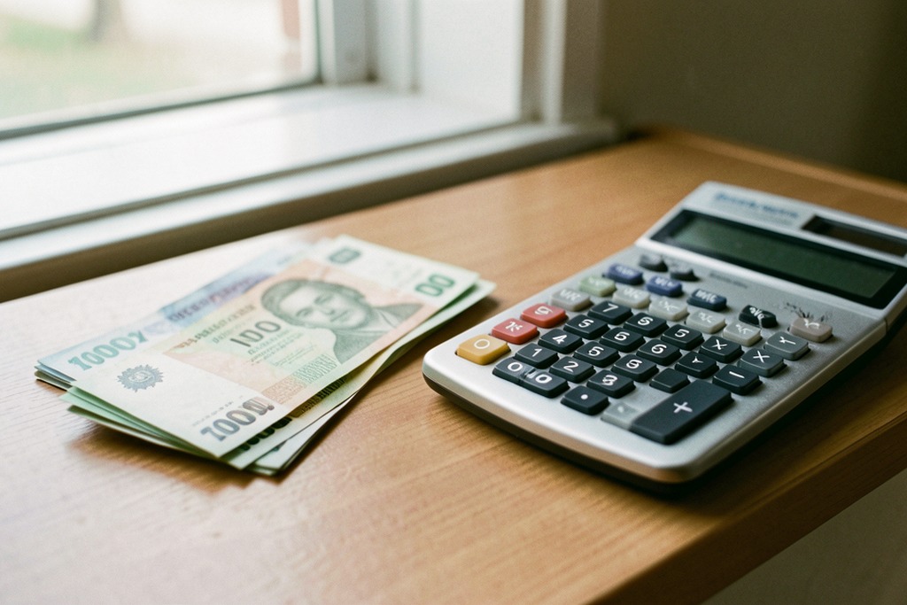 Peso banknotes and a calculator on a counter