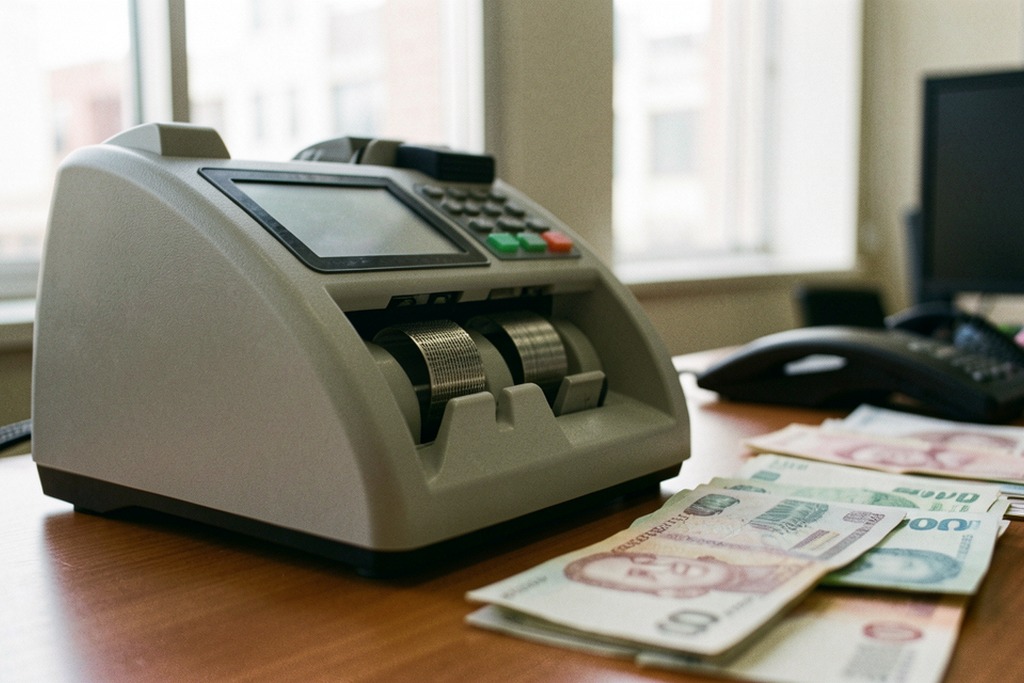 Currency-counting equipment and blurred banknotes in an Argentine bank office