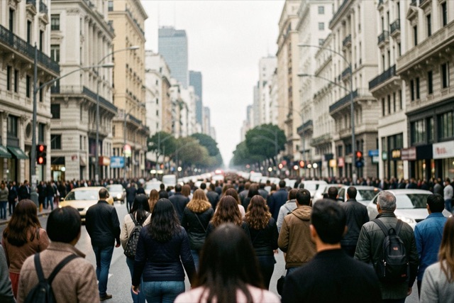 An indistinct crowd fills a Buenos Aires avenue