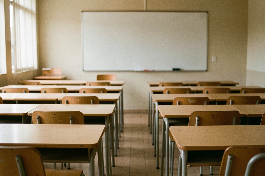 An empty classroom with desks and a blank board