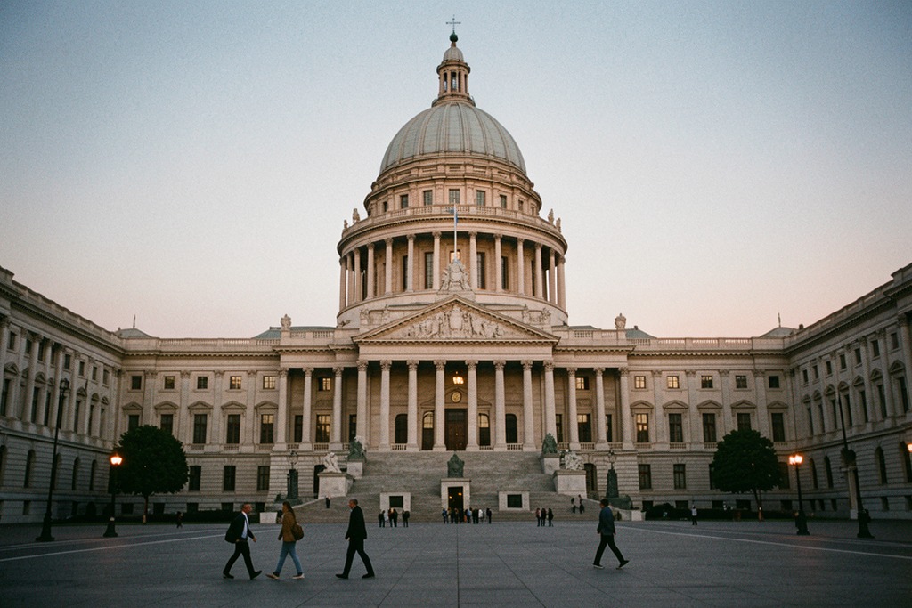 Argentine Congress building at dusk with pedestrians in the foreground