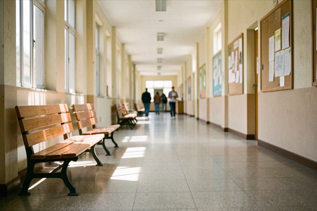 Quiet public university corridor with benches and distant figures