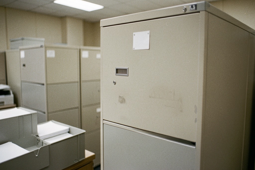 Empty administrative office with filing cabinets