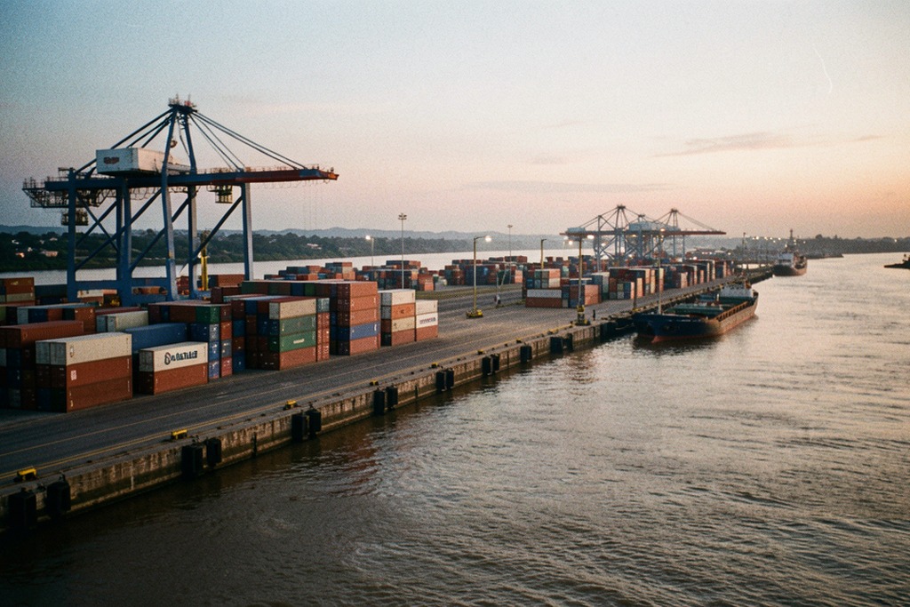 Cargo cranes above containers at a South American river port