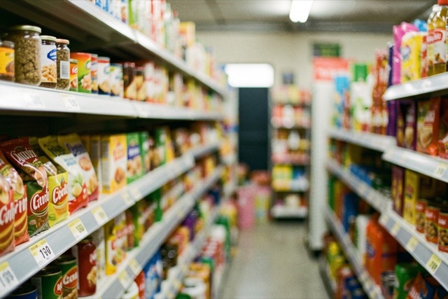 Blurred price tags and stocked shelves in an Argentine grocery store