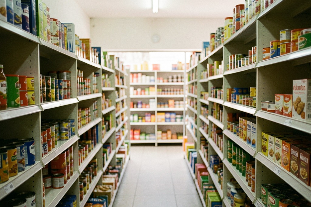 Sparse grocery shelves in a neighbourhood shop