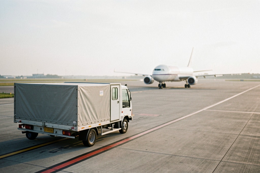 Airport baggage-handling equipment beside a parked aircraft