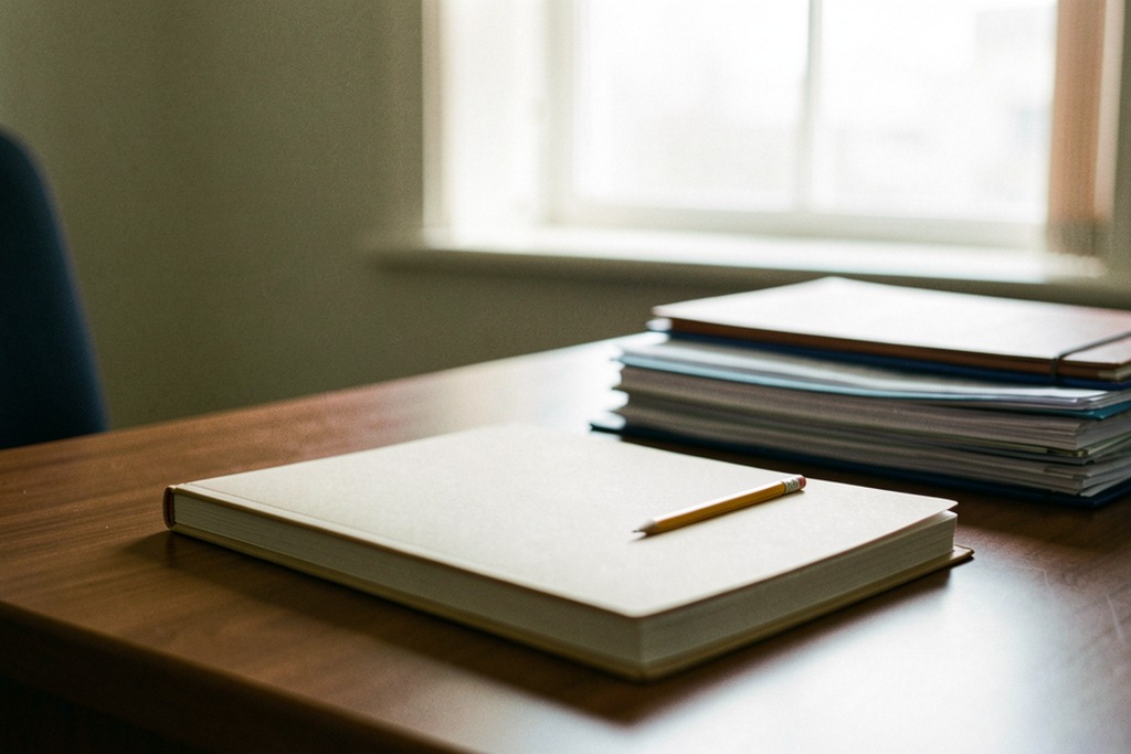 Ledger and folders on an office desk