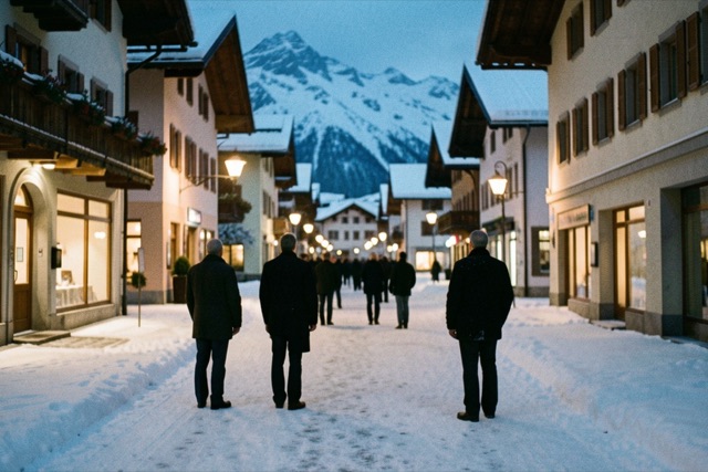 Snowy street in an Alpine conference town with distant figures seen from behind