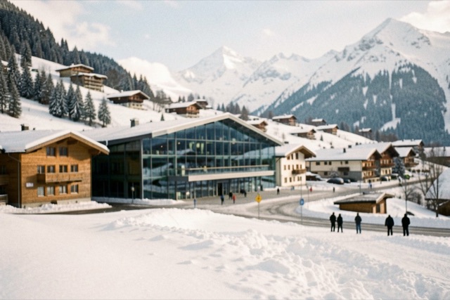 Snowy alpine town with a modern conference building