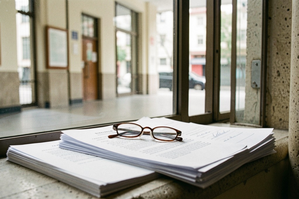 Documents and reading glasses beside a courthouse window