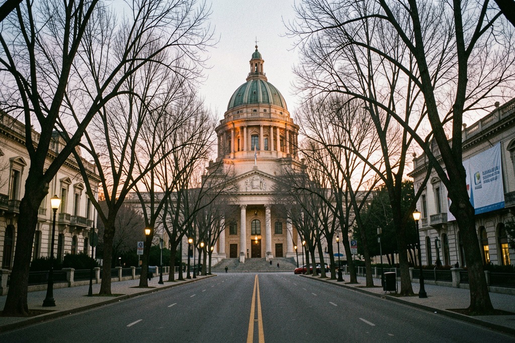 Argentina's Congress dome viewed through trees at dusk