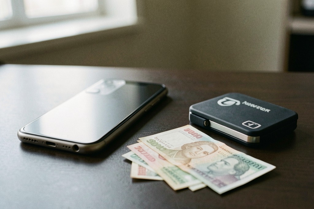 Phone, peso banknotes and an unmarked digital wallet on a desk