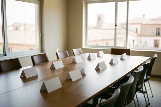 An empty conference table and chairs
