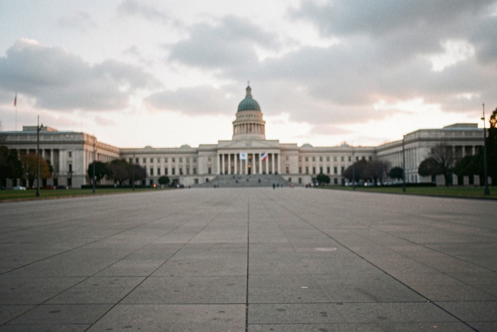 The Argentine Congress seen from an empty plaza in muted early light