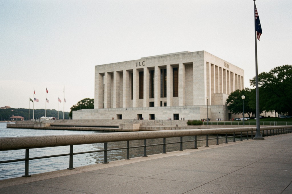 United Nations building seen from a riverside walkway