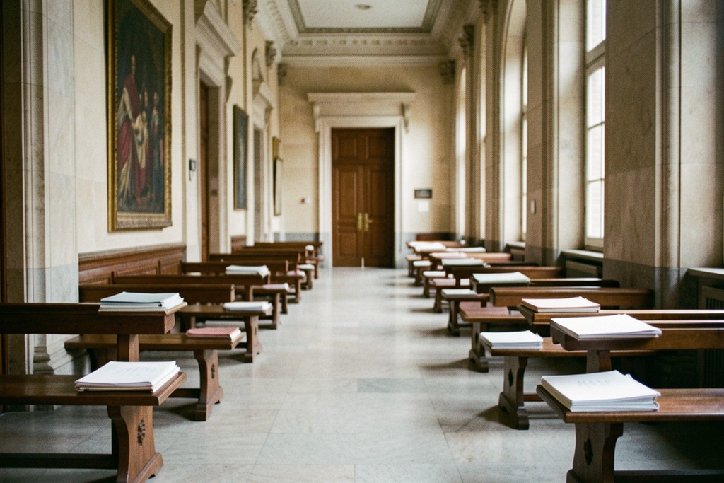 Empty legislative corridor with benches and folders