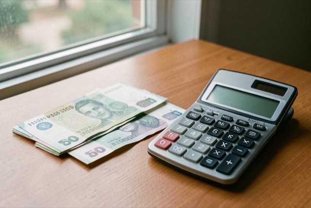 Peso banknotes beside a calculator on a desk