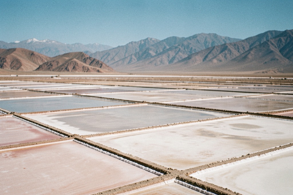 Lithium brine pools on a salt flat in northern Argentina