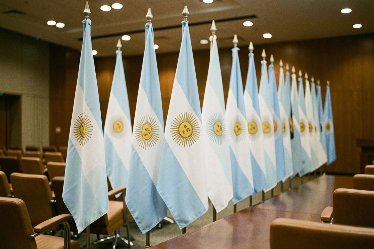 National flags in an international conference hall