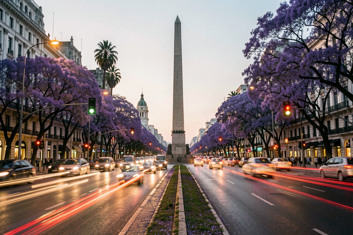 Avenida 9 de Julio and the Obelisco at dusk