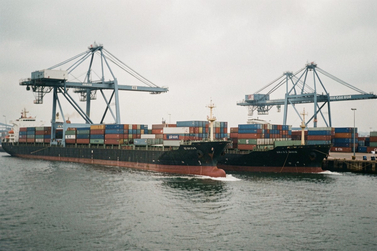Container cranes and ships at the port of Buenos Aires