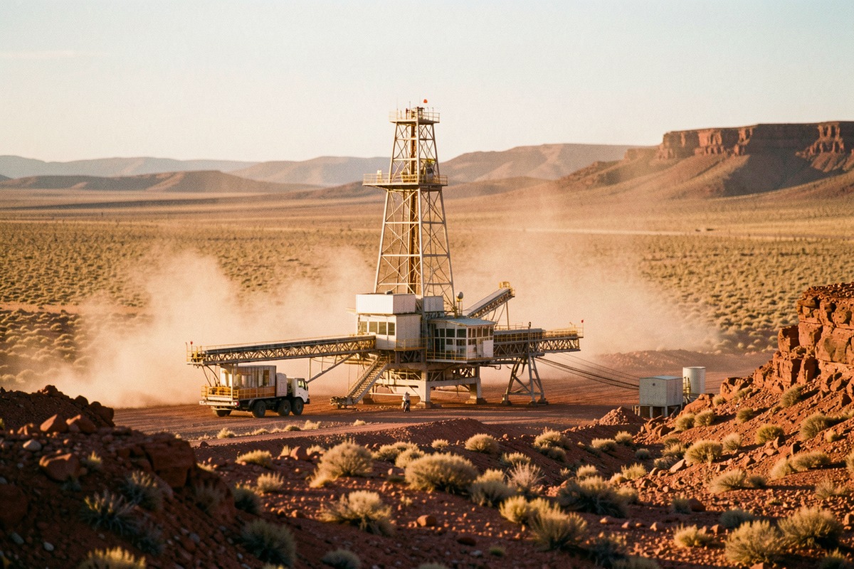 A shale drilling rig in the Patagonian steppe