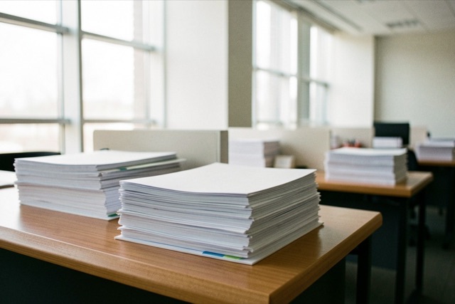 Quiet government office with folders and empty desks