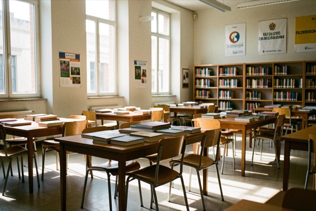 Empty tables and books in a university library