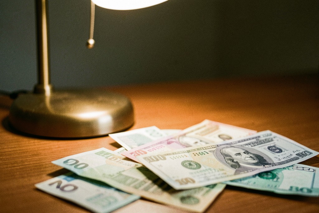 Currency notes arranged on a desk